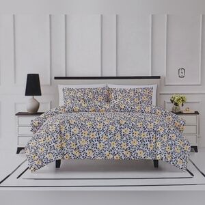 Kate Spade Garden Flower Navy And Yellow Floral 3 Piece Comforter Set. 100% Cott